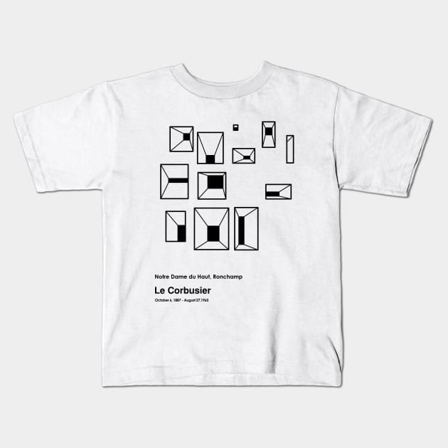 Le Corbusier Notre Dame du Haut Building Black Outline Kids T-Shirt by AtifSlm